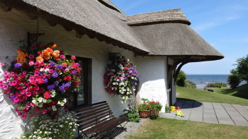 Thatcher's Rest Cottage with the flower baskets in full bloom.