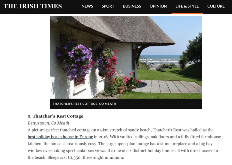 Thatcher's Rest featuring in the Irish Times 50 Amazing Places to stay around Ireland